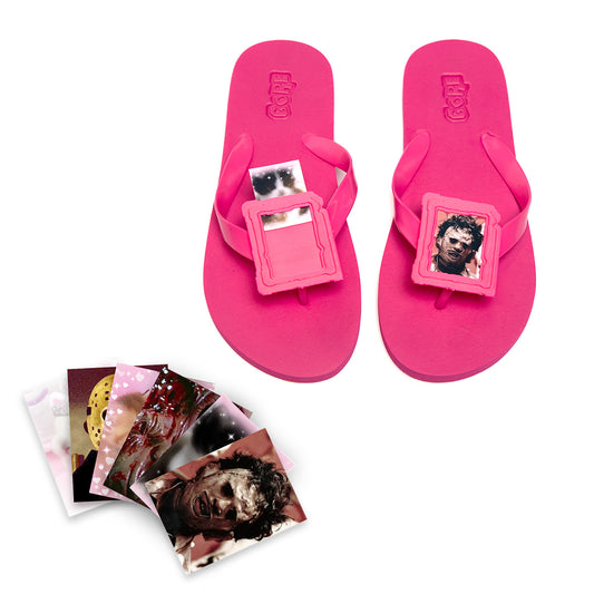 Pink customisable flip flops with removable photo frames