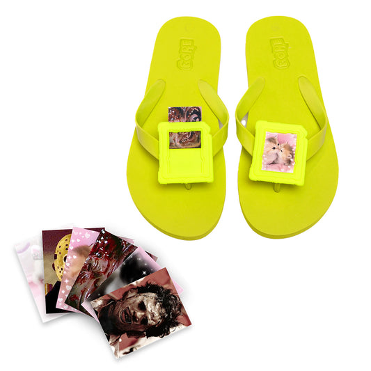 Yellow customisable flip flops with removable photo frames